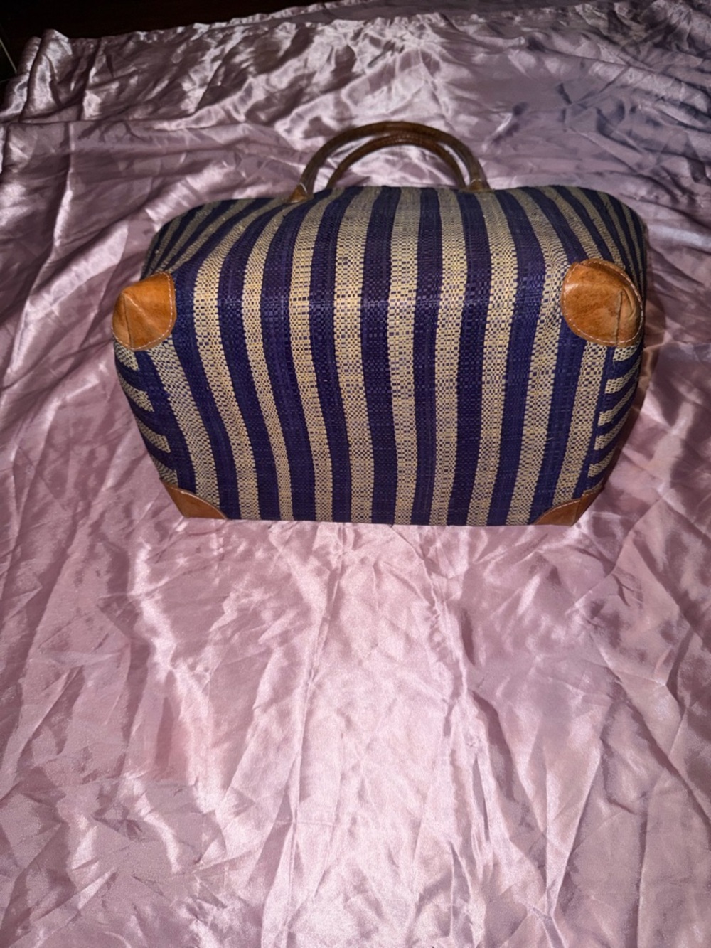 Wicker Striped Canvas Beach Bag with Leather Trim - Blue and Tan - Picture 2 of 3